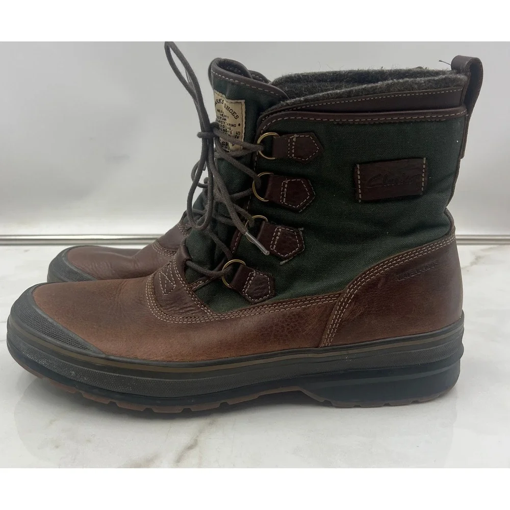 Vintage Clarks Green Canvas Brown Leather Wool Lined Boots 11.5 M Waterproof